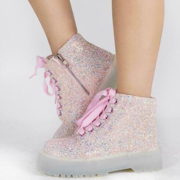 YRU Slayer Combat Pink Glitter Boots Sz 7